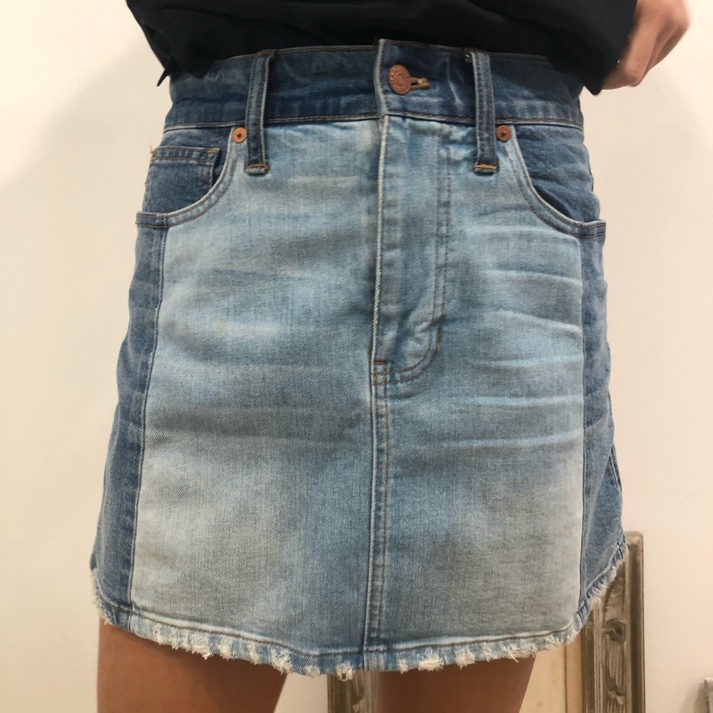 Blue color block denim jean mini skirt
